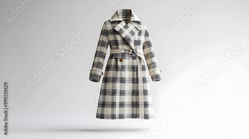 Fashionable Plaid Trench Coat on Bright White Studio Background