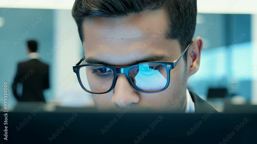 Close-up video of a young serious Caucasian man in eyeglasses in front of laptop computer in a modern business office. In the heart of business, his serious demeanor drives productivity. Close-up video of a young serious Caucasian man in eyeglasses in front of laptop computer in a modern business office. In the heart of business, his serious demeanor drives productivity.