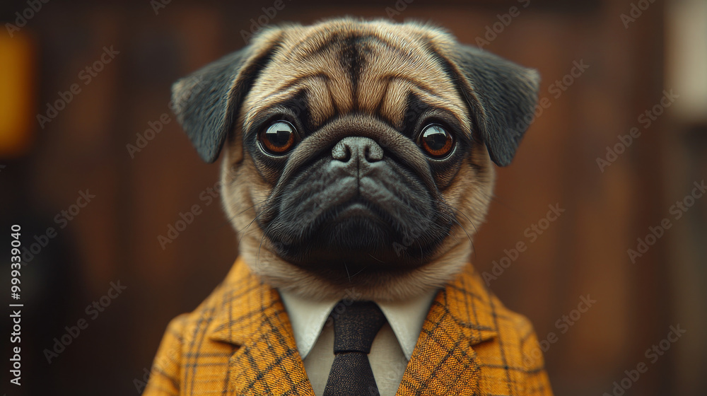 A pug dog in a yellow plaid suit looks directly at the camera with big, brown eyes. A pug dog in a yellow plaid suit looks directly at the camera with big, brown eyes.