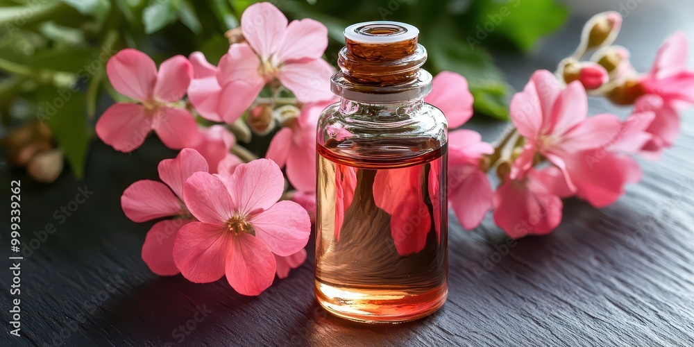 Geranium Essential Oil in Glass Bottle with Flowers Geranium Essential Oil in Glass Bottle with Flowers