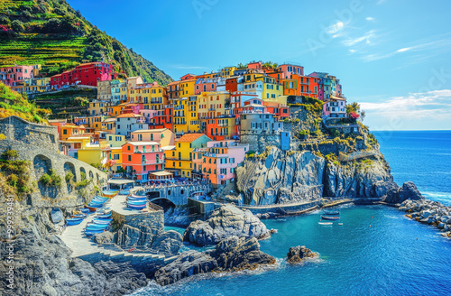 A colorful village on the cliffs of Cinque Terre, Italy, overlooking the blue sea and clear sky.