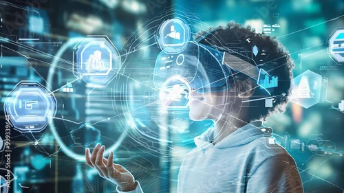 Child kid using innovative digital VR headset, 3d AR technology in metaverse world, wearing wireless virtual reality glasses