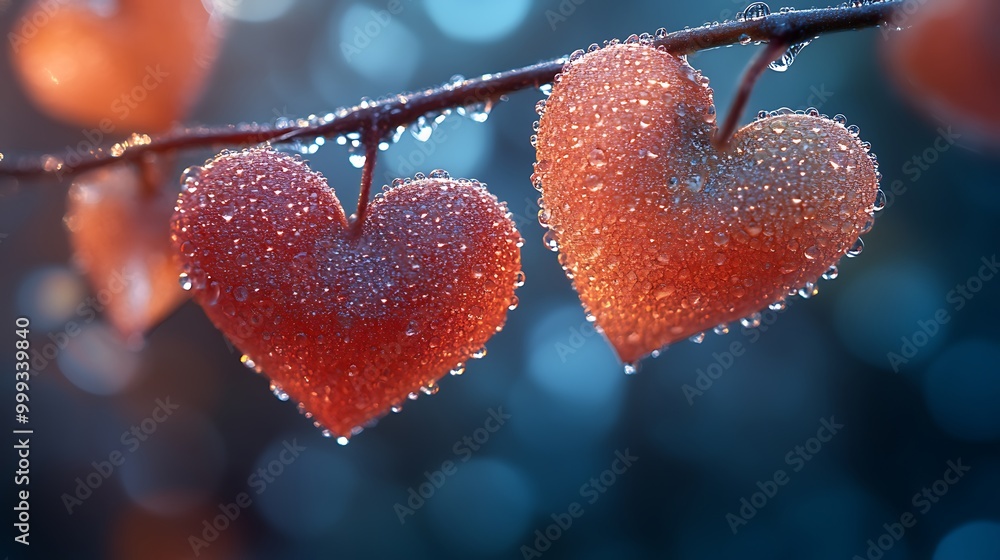Two heart-shaped leaves with dew drops hanging from a branch. Two heart-shaped leaves with dew drops hanging from a branch.