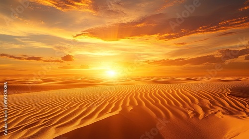 Mesmerizing Desert Landscape with Sand Dunes: Golden sunset illuminating a mesmerizing desert landscape with sweeping sand dunes and serene natural beauty.