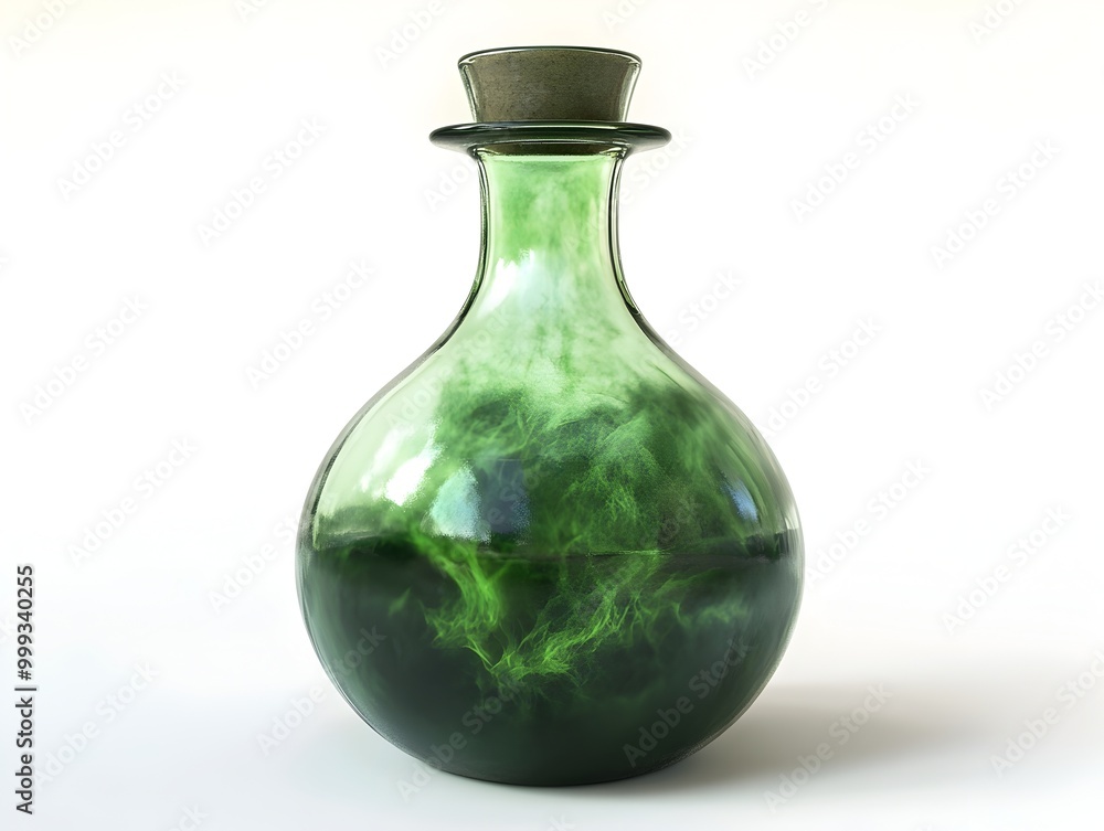 Haunting Halloween Potion Bottle with Glowing Green Liquid and Eerie Mist on White Background Haunting Halloween Potion Bottle with Glowing Green Liquid and Eerie Mist on White Background
