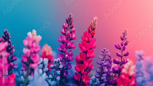 Garden of exotic flowers glowing in twilight, lowangle shot, vibrant reds, purples, and blues, soft ambient light, magical and serene photo