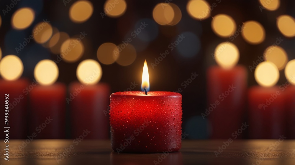 Glowing red candle with a warm bokeh lights backdrop, creating a cozy and serene ambiance Glowing red candle with a warm bokeh lights backdrop, creating a cozy and serene ambiance
