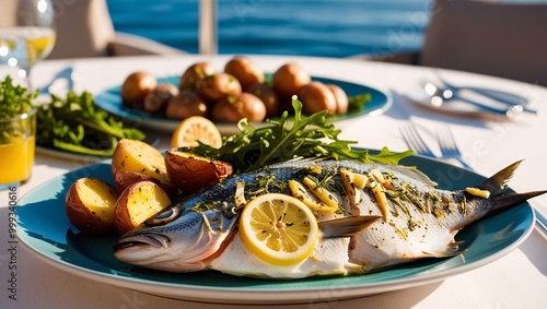 Grilled fish with lemon and herbs, served with roasted potatoes for a flavorful Mediterranean food photo