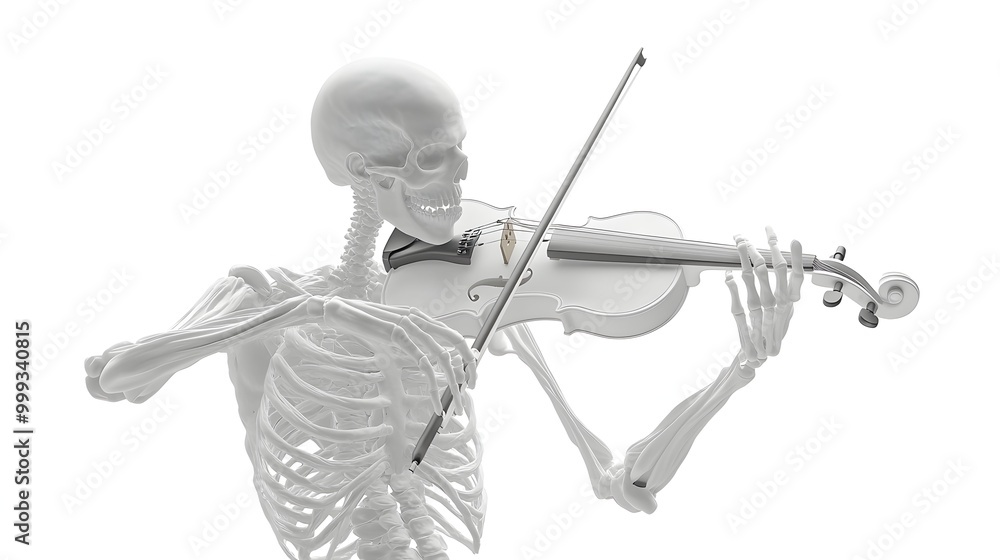 Haunting Skeletal Violinist Performs with Incandescent Radiance in Minimal White Studio