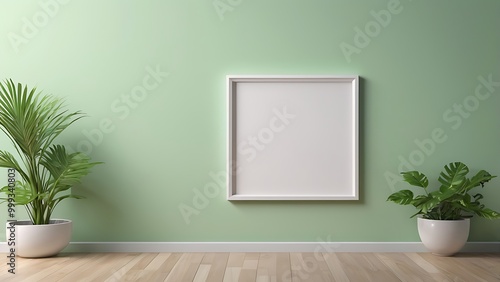 Minimalist White Photo Frame on Light green Wall - 3D Render. Empty room concept. Wooden floor