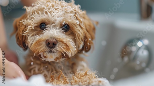 A wet, fluffy dog with big brown eyes looks directly at the camera while getting a bath. photo