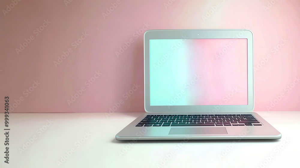 Fototapeta premium Minimalist laptop with pastel screen on desk