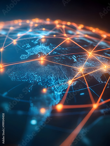 Obraz na płótnie Global business network with world map and connecting flight paths hyper realistic
