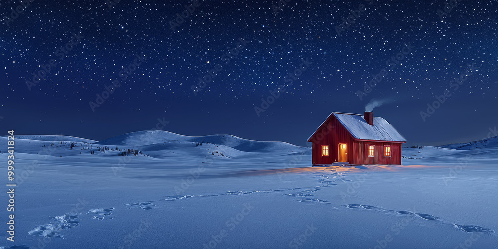 A cozy red house in the middle of an open snowy field under a starry sky, generative AI A cozy red house in the middle of an open snowy field under a starry sky, generative AI