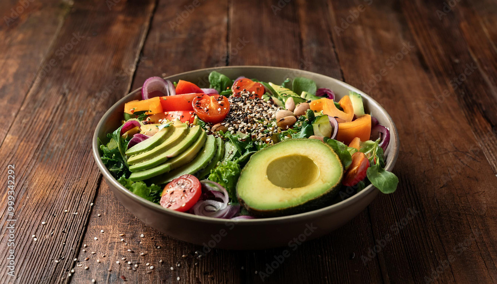 A bowl of fresh salad with vibrant vegetables, avocado slices, and a sprinkle of seeds on a rustic wooden table A bowl of fresh salad with vibrant vegetables, avocado slices, and a sprinkle of seeds on a rustic wooden table