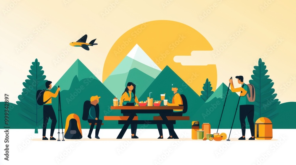 Naklejka premium A group of hikers gathered around a picnic table at a campground enjoying snacks and drinks after a day of exploring the wilderness