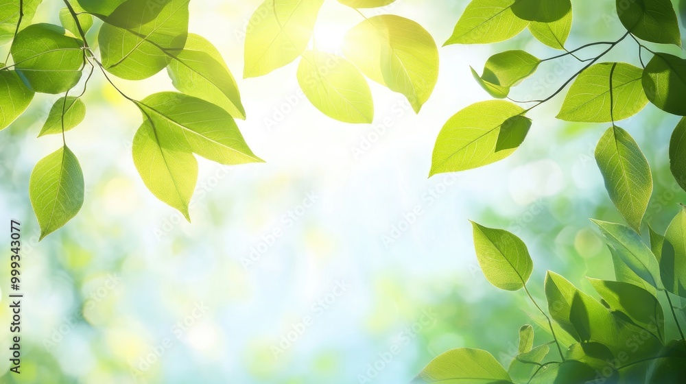 Abstract nature background with flowing green leaves, light blue skies, and soft sun rays, creating a fresh and vibrant natural atmosphere Abstract nature background with flowing green leaves, light blue skies, and soft sun rays, creating a fresh and vibrant natural atmosphere