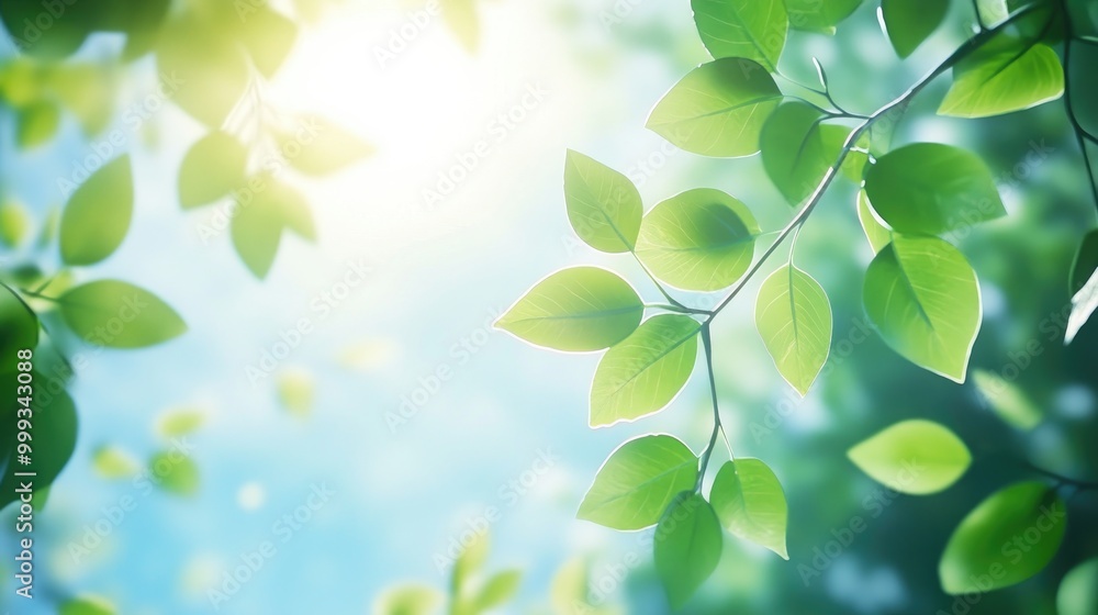 Abstract nature background with flowing green leaves, light blue skies, and soft sun rays, creating a fresh and vibrant natural atmosphere Abstract nature background with flowing green leaves, light blue skies, and soft sun rays, creating a fresh and vibrant natural atmosphere