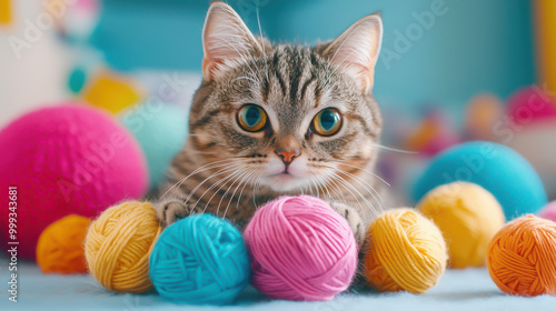 Cute kitten surrounded by colorful yarn balls, perfect for showcasing playful moments in pet photography. photo