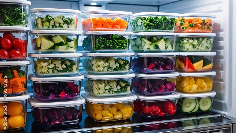 Well-stocked refrigerator featuring rows of clear containers filled with chopped vegetables, fruits, and pre-cooked meals. The vibrant colors of the fresh produce reflect a commitment to clean Well-stocked refrigerator featuring rows of clear containers filled with chopped vegetables, fruits, and pre-cooked meals. The vibrant colors of the fresh produce reflect a commitment to clean