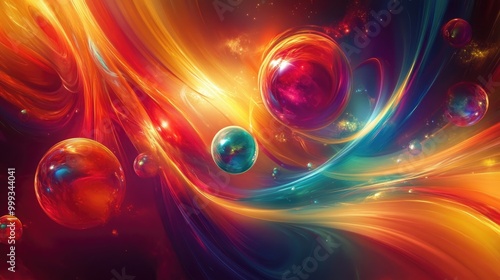 Beautiful abstract lively background with bold color contrasts, swirling shapes, and glowing orbs, evoking excitement and liveliness