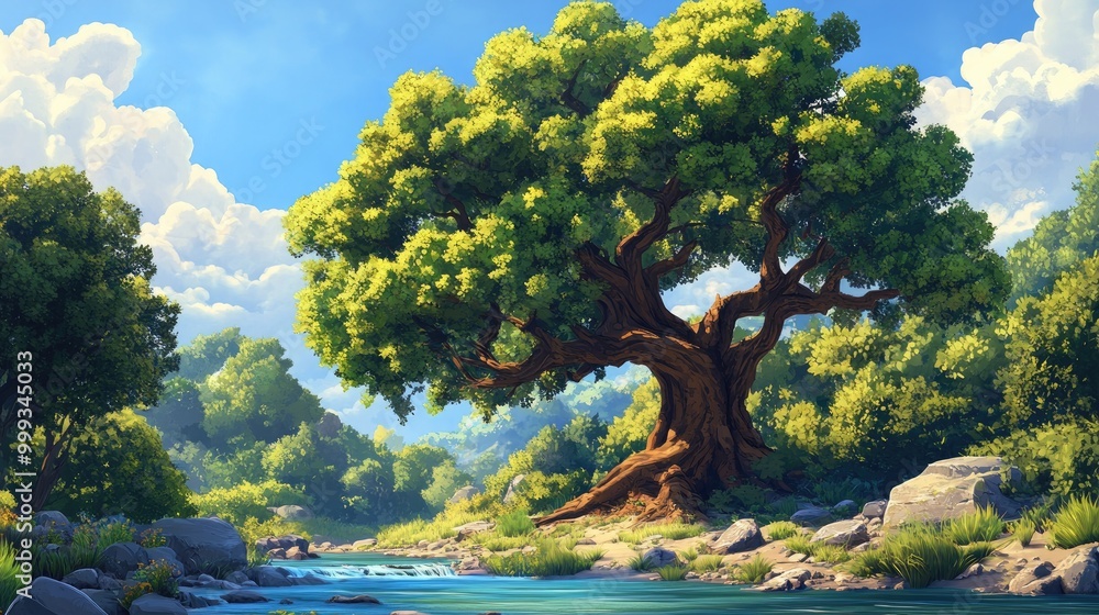 A Majestic Tree Overlooks a Serene River in a Lush Forest A Majestic Tree Overlooks a Serene River in a Lush Forest
