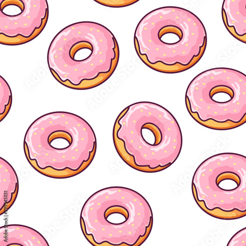 Trendy summer pattern made with pink doughnut on white background. Seamless pattern with glazed donuts. Pastry illustration. Minimal summer concept