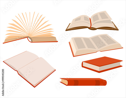 Set of cartoon books.  Education and online class concept. Colored flat illustration. Literature, dictionaries, encyclopedias, planners with bookmarks