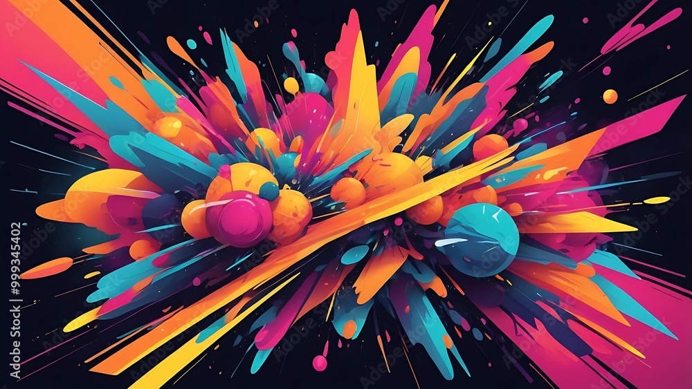 An explosion of color in an abstract graphic style, filled with swirling shapes, neon tones, and sharp contrasts. Organic lines and splashes of paint intersect with modern, geometric forms, giving a f An explosion of color in an abstract graphic style, filled with swirling shapes, neon tones, and sharp contrasts. Organic lines and splashes of paint intersect with modern, geometric forms, giving a f