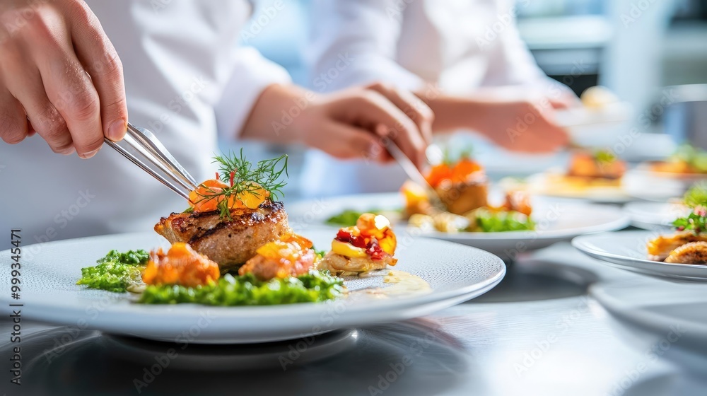 Professional catering staff plating dishes in an upscale kitchen, readying gourmet meals for a luxury party, organized and dynamic scene Professional catering staff plating dishes in an upscale kitchen, readying gourmet meals for a luxury party, organized and dynamic scene