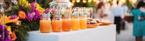 Outdoor celebration with buffet and beverage bar, refreshing drinks in mason jars, colorful floral arrangements, lively party scene photo