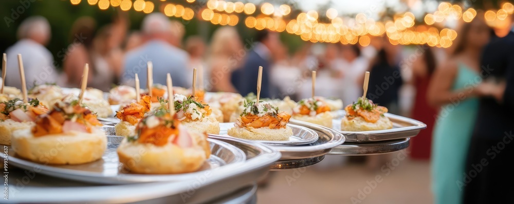 Close-up of gourmet appetizers served on silver trays at an outdoor wedding party, surrounded by lively guests under a canopy of string lights Close-up of gourmet appetizers served on silver trays at an outdoor wedding party, surrounded by lively guests under a canopy of string lights
