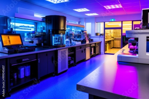 A modern laboratory space illuminated with vibrant blue and purple lights. This sleek setup features advanced equipment and technology. Perfect for research and innovation. Generative AI photo