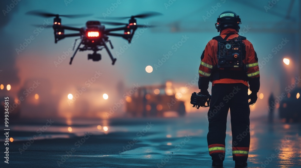 A firefighter in full gear operates a drone at night.