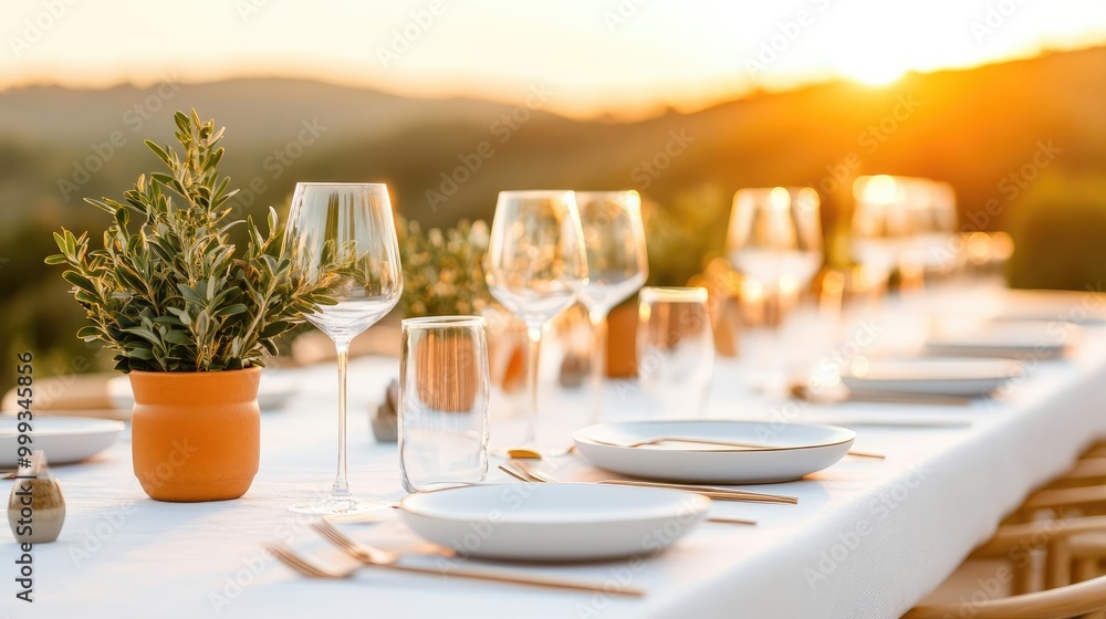 Fototapeta premium Elegant vegan dining table with personalized plant-based menu, high-end catering for a special event under a scenic outdoor setting