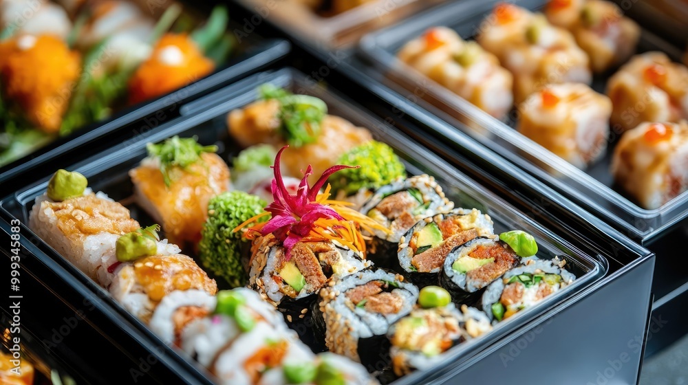 Exclusive delivery of Asian delicacies for a graduation celebration, high-end catering with exquisite presentation and vibrant decor Exclusive delivery of Asian delicacies for a graduation celebration, high-end catering with exquisite presentation and vibrant decor