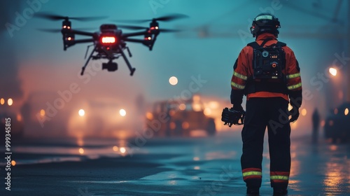 A firefighter in full gear operates a drone at night.