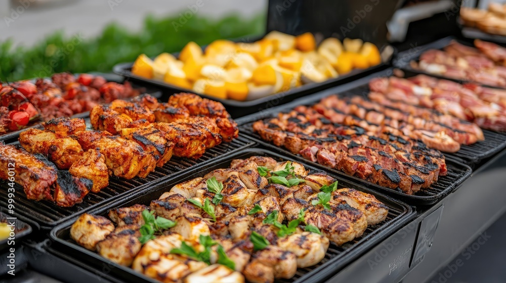 High-end BBQ buffet for a holiday celebration, premium grilled dishes, outdoor catering with a festive and elegant atmosphere High-end BBQ buffet for a holiday celebration, premium grilled dishes, outdoor catering with a festive and elegant atmosphere