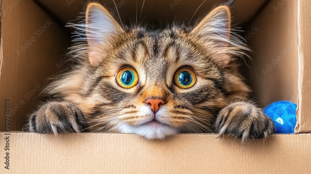 Playful cat peeking from box with bright eyes and ball Playful cat peeking from box with bright eyes and ball