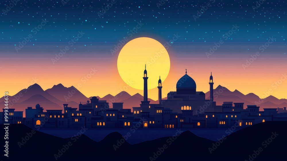 Nighttime Silhouette of a City with a Mosque and Mountains Nighttime Silhouette of a City with a Mosque and Mountains