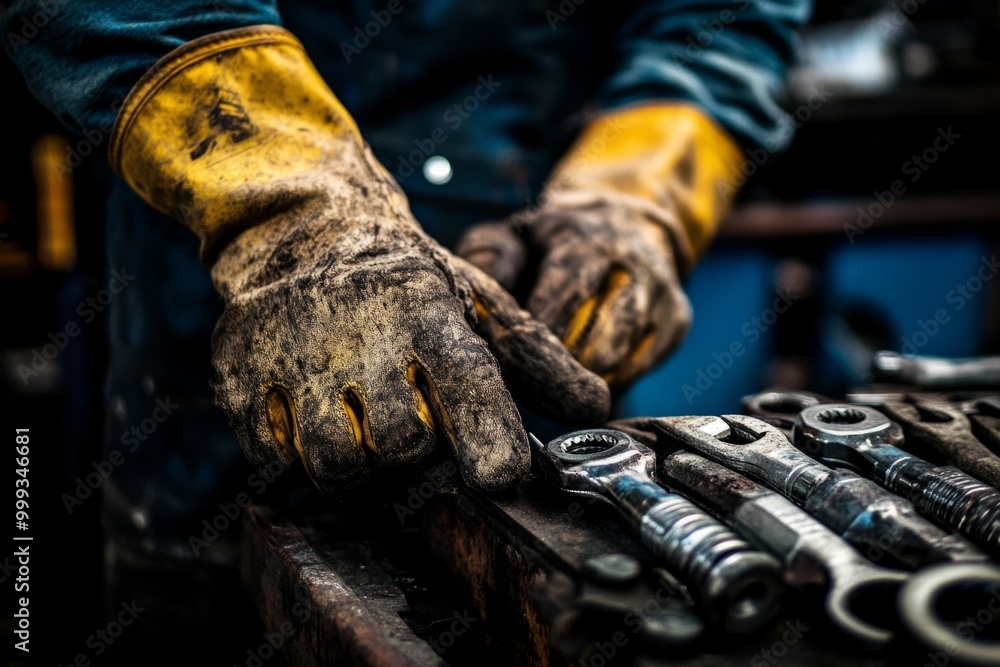 Worn hands of a mechanic organize tools in a workshop. A close-up view shows the hard work and dedication of tradespeople. The tools are essential for craftsmanship. Generative AI Worn hands of a mechanic organize tools in a workshop. A close-up view shows the hard work and dedication of tradespeople. The tools are essential for craftsmanship. Generative AI