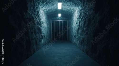 Dark Stone Tunnel with Metal Gate and Light
