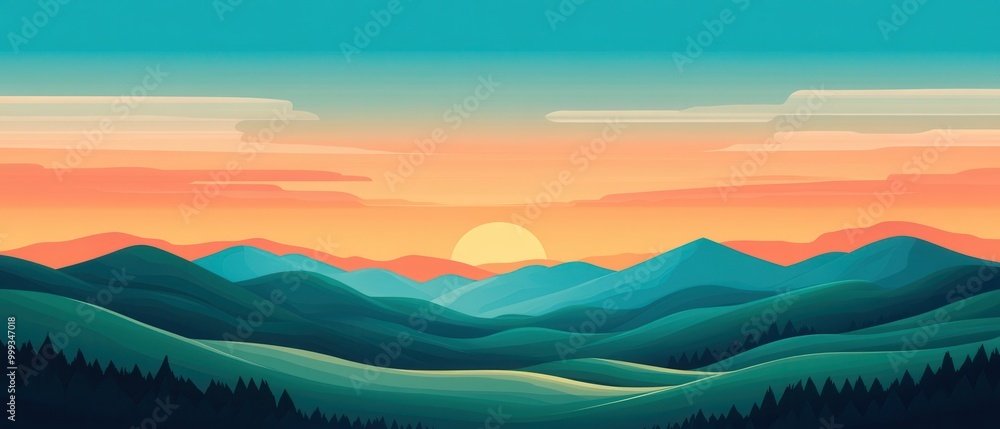 Sunset Over Rolling Hills Minimalist Landscape Illustration Sunset Over Rolling Hills Minimalist Landscape Illustration