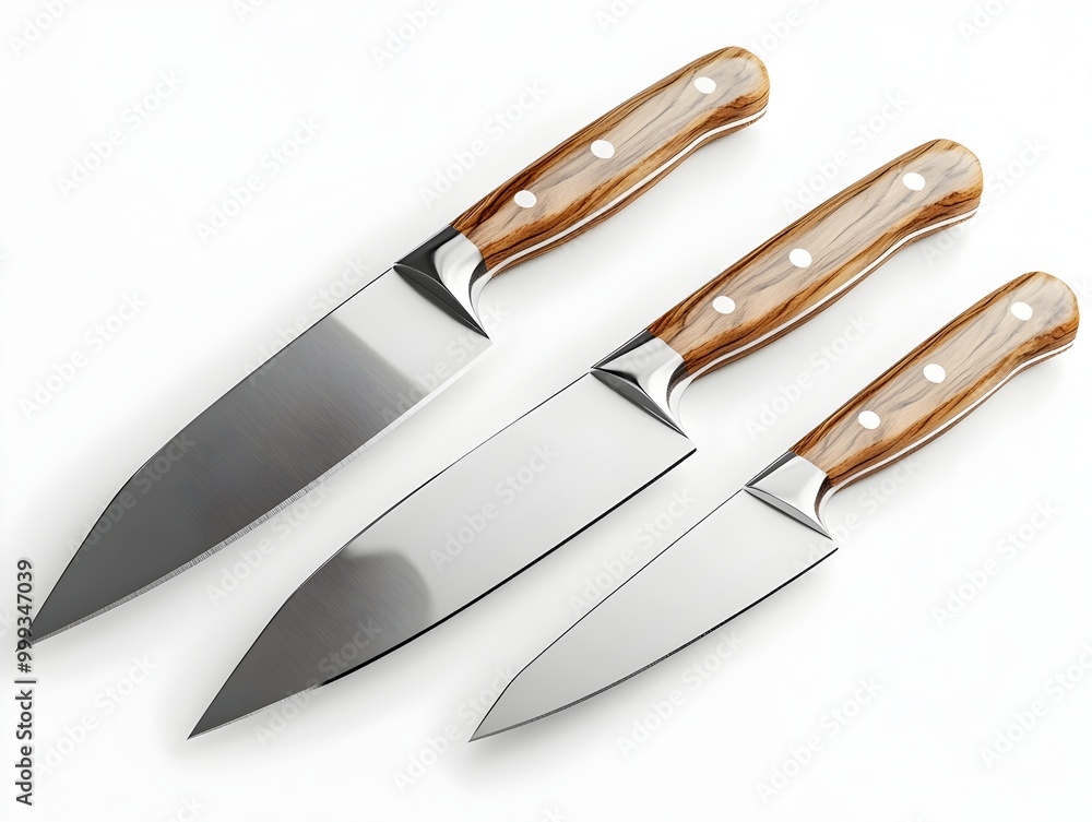 Obraz premium Pristine Culinary Essentials Arrangement of Chef s Knives with Sleek Stainless Steel Blades and Wooden Handles