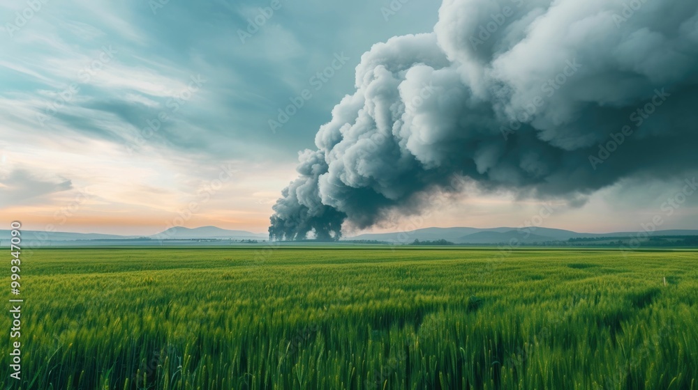 Dramatic aerial perspective showing the spread of industrial pollutants and smoke from a factory or power plant into the surrounding rural countryside landscape with a hazy Dramatic aerial perspective showing the spread of industrial pollutants and smoke from a factory or power plant into the surrounding rural countryside landscape with a hazy