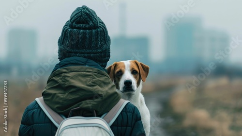 Person and their beloved pet dog exploring a hazy smog filled city skyline on a cold winter day highlighting the impact of pollution on both humans and animals in the urban landscape photo