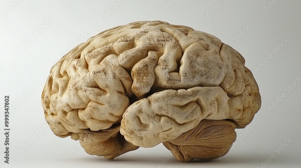 Close-up of a human brain model displaying visible age-related changes, including wrinkles and discoloration, on a white background with ample copy space. Focus on the natural aging Close-up of a human brain model displaying visible age-related changes, including wrinkles and discoloration, on a white background with ample copy space. Focus on the natural aging