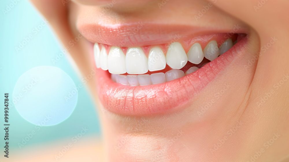 Obraz premium woman bright white smile highlighting perfect teeth, oral hygiene, and professional teeth whitening, close-up