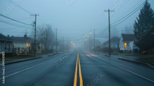 Deserted residential street in a small town or village shrouded in a hazy atmospheric glow of light pollution on a moody overcast winter evening The scene evokes a sense of melancholy solitude