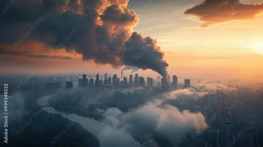 Fototapeta premium Dramatic cityscape of a major metropolitan area engulfed in thick billowing clouds of industrial pollution and smog